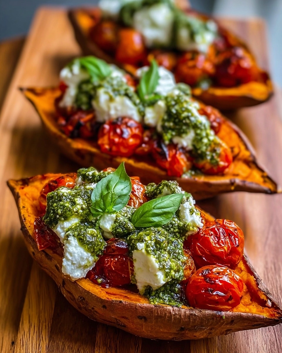 The image shows three halves of baked sweet potato placed side by side on a wooden board. Each sweet potato half has a bright orange soft inside layer with its brown skin forming the outer shell. On top, there is a thick layer of white creamy cheese spread unevenly. Over the cheese, roasted cherry tomatoes in red and orange colors are placed, showing a slightly wrinkled and shiny skin. The dish is finished with green pesto sauce drizzled over, and fresh green basil leaves are scattered on top for garnish. The background is a white marbled texture. Photo taken with an iphone --ar 4:5 --v 7