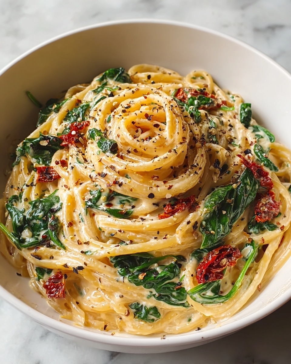 A white bowl filled with creamy spaghetti coated in a thick, smooth pale yellow sauce. Mixed in are dark green spinach leaves and small pieces of bright red sun-dried tomatoes scattered throughout the pasta. The spaghetti is softly twisted, with some strands lifted by a golden fork held by a woman's hand, showing the sauce clinging to the noodles. There is a light sprinkle of coarse black pepper flakes on top. The bowl sits on a white marbled textured surface. photo taken with an iphone --ar 4:5 --v 7