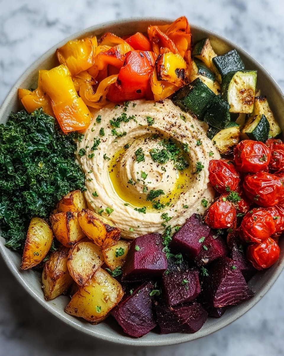 A white bowl filled with a colorful roasted vegetable dish, arranged in separate sections around a swirl of creamy beige hummus in the center, topped with a drizzle of golden olive oil and green herb sprinkles. Starting from the top and moving clockwise, there are shiny bright red roasted cherry tomatoes, vibrant orange roasted carrot sticks with charred edges, deep purple roasted beet cubes with scattered green herbs, golden yellow roasted bell pepper chunks, and golden-brown grilled zucchini slices with some green skin visible. The vegetables have a slightly glossy, cooked texture that contrasts with the smoothness of the hummus. The bowl sits on a white marbled surface. photo taken with an iphone --ar 4:5 --v 7