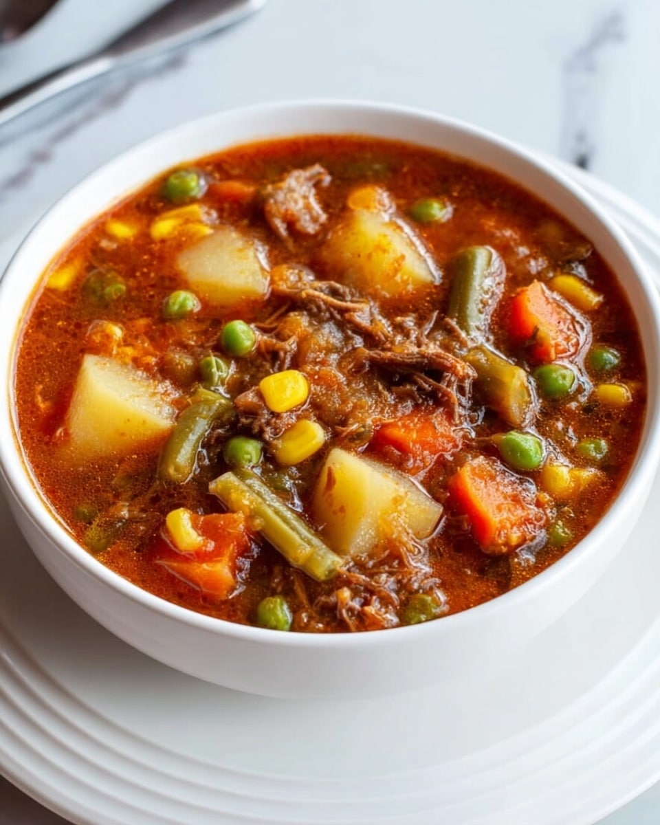 A white bowl filled with hearty beef stew sits on a matching white plate, both placed on a white marbled surface. The stew has a rich brown-red broth with visible chunks of tender shredded beef, whole peas, yellow corn kernels, green beans cut in short pieces, thick slices of orange carrots, and large white potato chunks mixed throughout. A silver spoon rests behind the bowl on the white plate, adding a simple touch to the setting. The stew looks thick and comforting, with a variety of textures and colors from the vegetables and meat. photo taken with an iphone --ar 4:5 --v 7