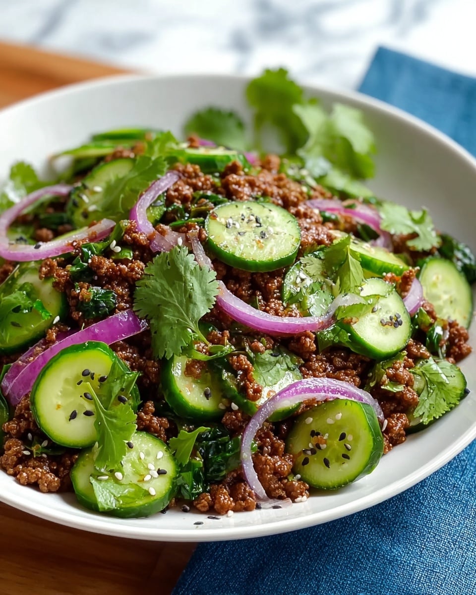 A white shallow bowl filled with a mixed dish showing two main layers: a base layer of cooked ground meat in small brown crumbles, and a top layer of fresh, thinly sliced cucumber rounds with bright green edges and pale centers, interspersed with thin strips of purple-red onion. Scattered fresh green cilantro leaves are placed over the dish, with some black and white sesame seeds sprinkled across. The bowl rests on a wooden surface with a blue cloth napkin partly visible, all set against a white marbled background. Photo taken with an iphone --ar 4:5 --v 7