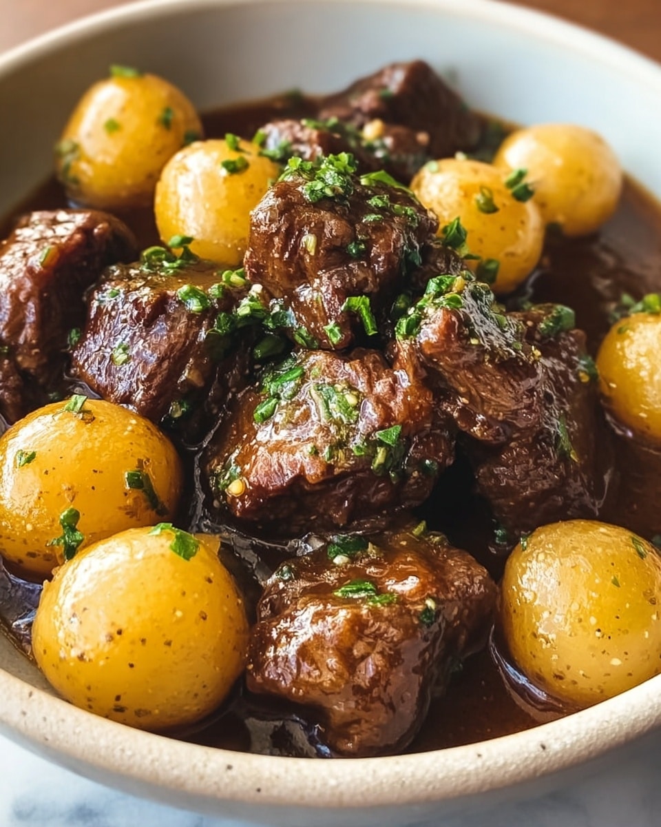 The image shows a close-up of a dish with chunks of brown, glossy beef stew meat mixed with small, yellow potatoes. The beef pieces have a rich, textured surface and are coated in a shiny, dark brown sauce, with green parsley sprinkled across the top, adding a fresh pop of color. The potatoes have a slightly rough skin and look tender, blending well with the beef in the frame. The whole scene is set against a white marbled background, enhancing the warm and hearty look of the food. photo taken with an iphone --ar 4:5 --v 7