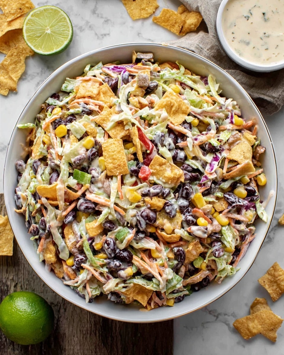 A large white bowl full of mixed salad sits on a white marbled surface. The salad has many layers: a base of shredded pale green and purple cabbage, bright yellow corn kernels, black beans, small red and green chopped peppers, and thin orange carrot strips. The ingredients are mixed in a creamy light beige dressing, giving the salad a moist texture. Scattered on top are crunchy, golden-brown chip pieces adding a crispy layer. There is a half lime and a white bowl of dressing nearby, with some extra chips placed around on the surface. photo taken with an iphone --ar 4:5 --v 7