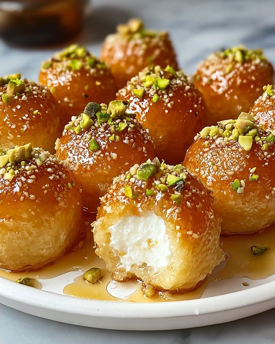 The image shows several small round dessert balls arranged closely on a white plate, each with a glossy caramel-brown outer layer that looks sticky and smooth, almost shiny from syrup. The bottom edges of the balls are darker brown, slightly crispy looking. On top of each ball, there is a sprinkle of crushed green pistachios and a fine powder, adding texture and color contrast. A light layer of syrup pools at the base of the balls, soaking into the plate slightly. The plate rests on a white marbled surface, enhancing the warm tones of the dessert. photo taken with an iphone --ar 4:5 --v 7