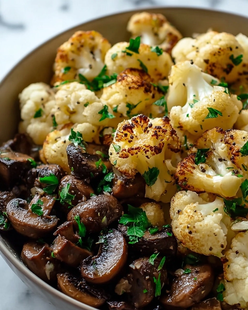 A close-up view of cooked cauliflower and sliced mushrooms mixed together in a white bowl, showing small cauliflower florets with a light golden-brown roasted color and soft texture scattered evenly throughout. The brown mushrooms have a glossy, sautéed look with slight grill marks and a smooth, juicy surface. Sprinkled across the dish are fine specks of black pepper and small pieces of fresh green herbs, adding color contrast and texture. The whole dish sits on a white marbled textured surface. Photo taken with an iphone --ar 4:5 --v 7