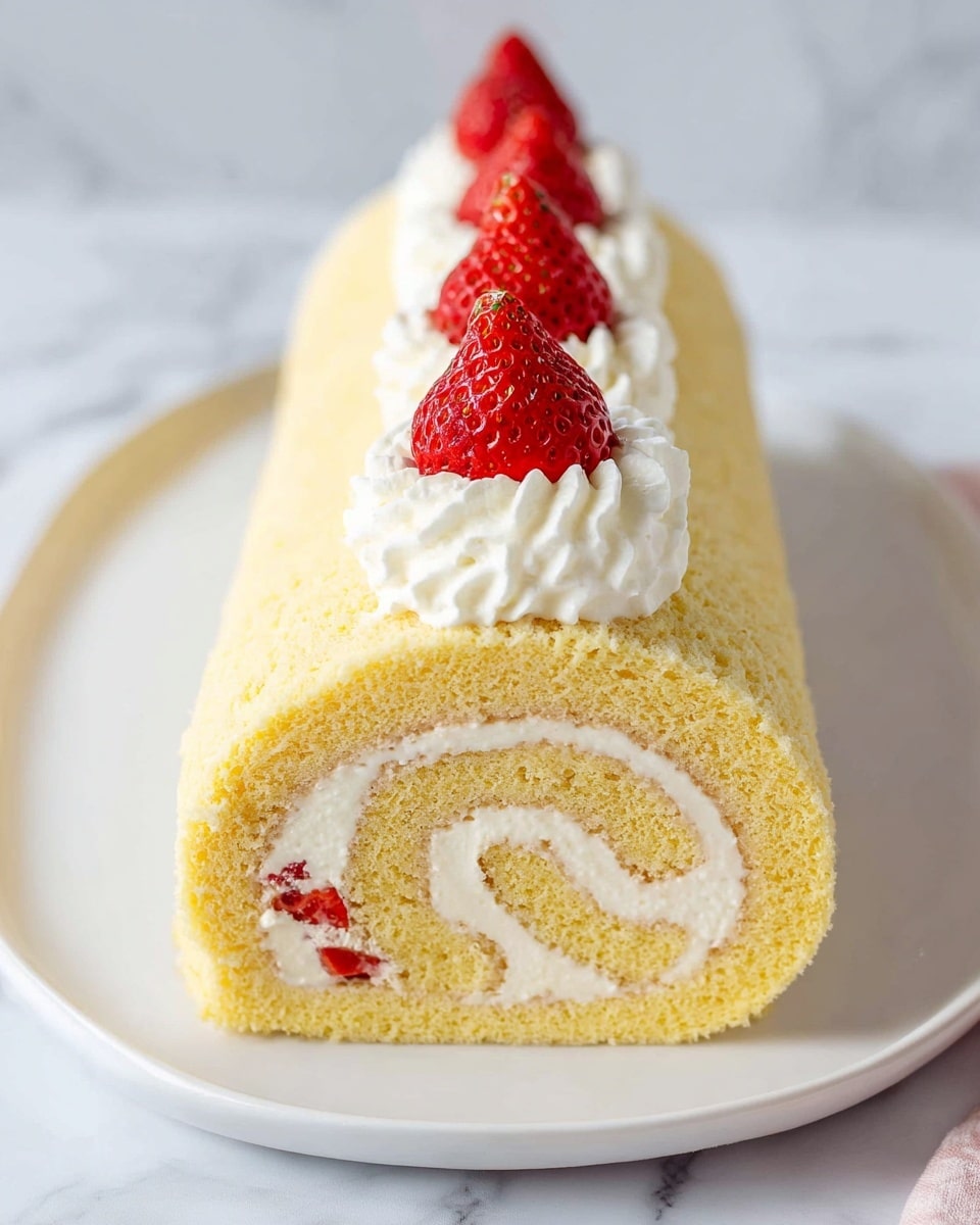 The image shows a rolled sponge cake with three visible layers: a soft light yellow sponge on the outside, a creamy white filling spiraled inside, and a thin light brown layer just beneath the sponge's surface. On top of the cake, there is a neat row of white whipped cream dollops placed along the center, each topped with a bright red half strawberry. The cake is placed on a white plate, set on a surface with a white marbled texture. Photo taken with an iphone --ar 4:5 --v 7