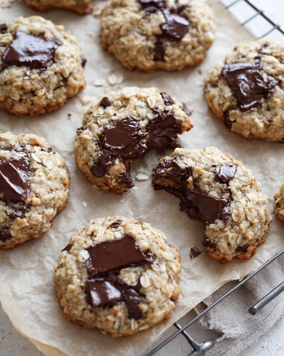 The image shows a close-up of several oatmeal cookies with large dark chocolate chunks scattered on top and inside. Each cookie has a rough, slightly bumpy texture with visible bits of oats and melted chocolate pieces. One cookie in the front center is broken in half, showing gooey melted chocolate inside. The cookies rest on light-colored parchment paper over a white marbled surface. There are small white coconut flakes sprinkled around the cookies, adding a little extra texture and color contrast. Photo taken with an iphone --ar 4:5 --v 7