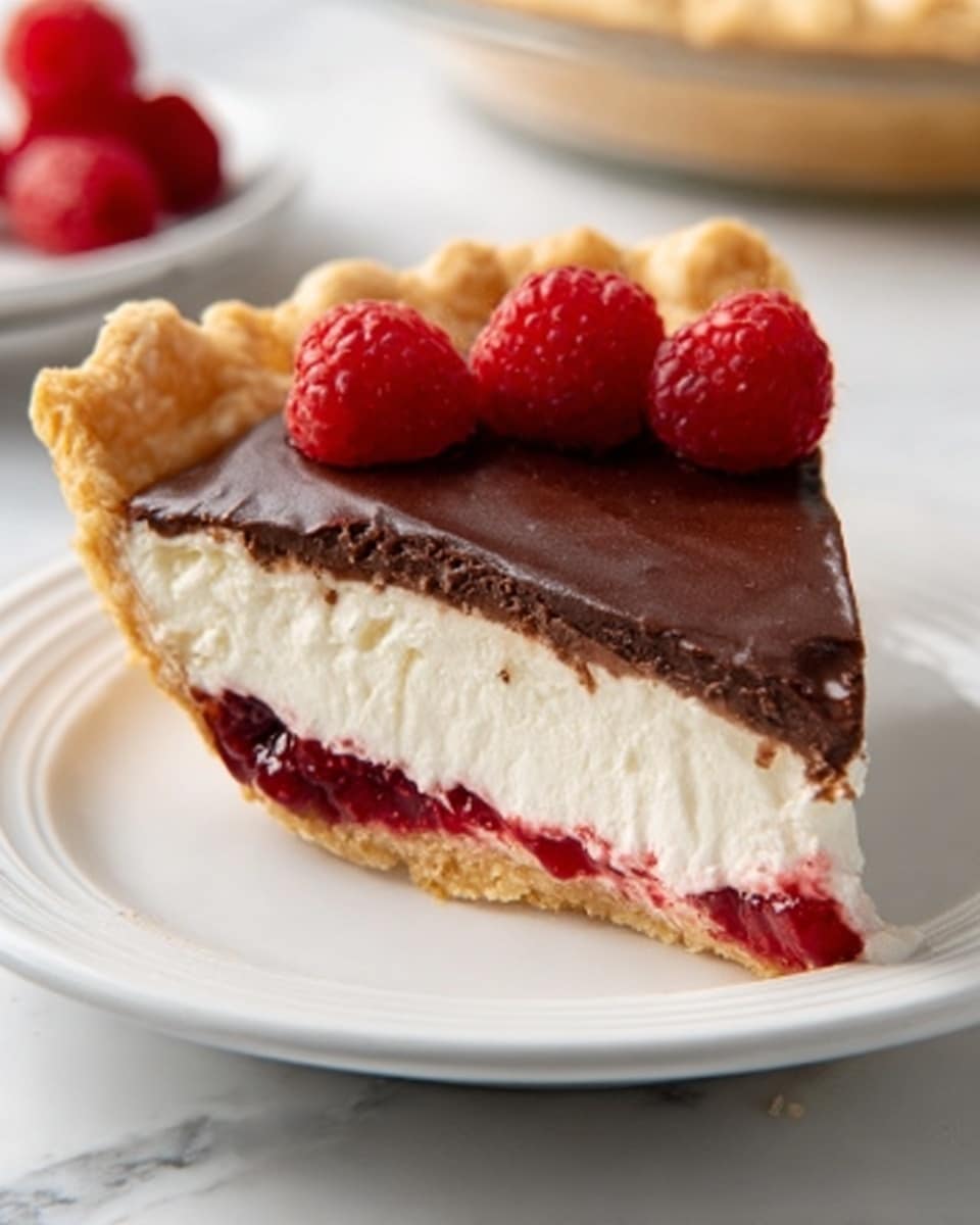 The image shows a single slice of pie on a white plate, placed on a white marbled surface. The pie slice has three visible layers: a golden brown, flaky crust at the bottom and edges, a thick white creamy filling in the middle, and a smooth dark chocolate layer on top. There are three fresh red raspberries placed neatly on the top chocolate layer. The background is softly blurred with part of the remaining whole pie visible. Photo taken with an iphone --ar 4:5 --v 7