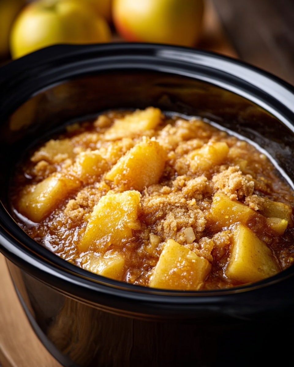 The image shows a close-up of a slow cooker filled with a warm apple dessert. Inside, there are thick chunks of soft yellow apples covered with a golden, crumbly topping that looks moist and slightly syrupy. The layers include the cooked apple pieces sitting in a rich caramel-colored sauce, topped by a crumbly, lightly browned streusel that has a coarse texture. The slow cooker itself is black with a shiny finish, resting on a wooden surface. In the blurred background, some yellow apples are visible. The photo is bright and focused on the dessert inside the slow cooker. Photo taken with an iphone --ar 4:5 --v 7