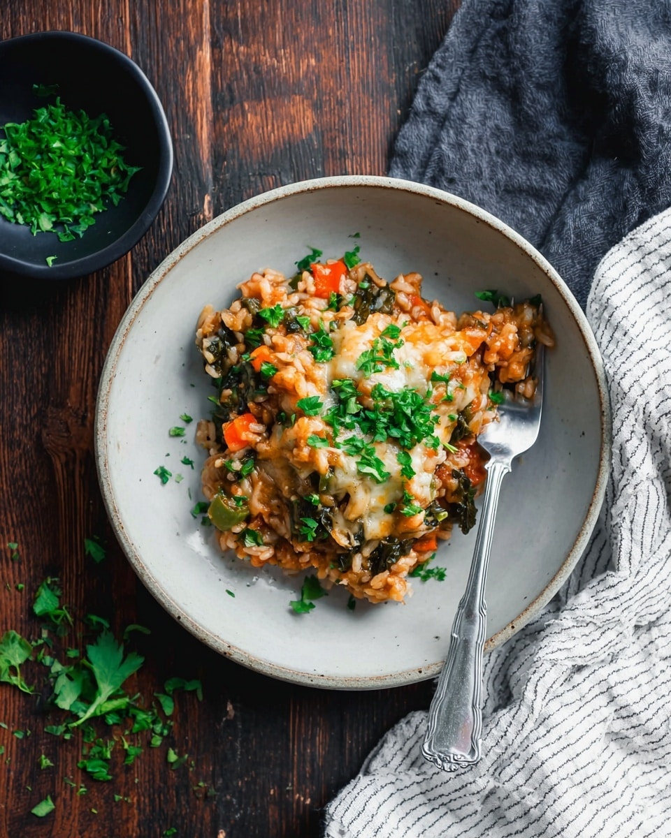 A close-up view of a baked dish in a light blue pan filled with a mixed layer of cooked rice and ground meat, visible chopped red and green bell peppers, and bits of mushrooms, all topped with a melted layer of white cheese that is slightly browned in spots, and sprinkled with fresh chopped green herbs. A spoon is scooping into the dish, showing the chunky texture and colorful mix beneath the cheese. The pan rests on a white marbled surface with a white and gray striped cloth nearby. Photo taken with an iphone --ar 4:5 --v 7