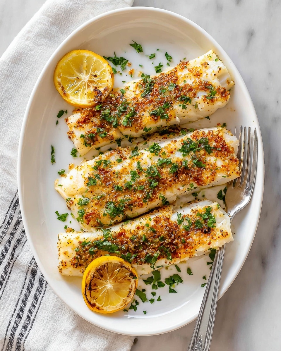 Three grilled fish fillets are laid flat and arranged in parallel on a white oval plate over a white marbled surface. Each fillet has a golden brown, slightly crispy texture with scattered small black char marks and is sprinkled generously with finely chopped green herbs. Under the top and middle fillets, there are two bright yellow lemon slices, partially visible, adding a fresh touch. A silver fork is placed on the lower right corner next to the plate. A soft gray and white striped cloth is partly visible in the top left corner. photo taken with an iphone --ar 4:5 --v 7