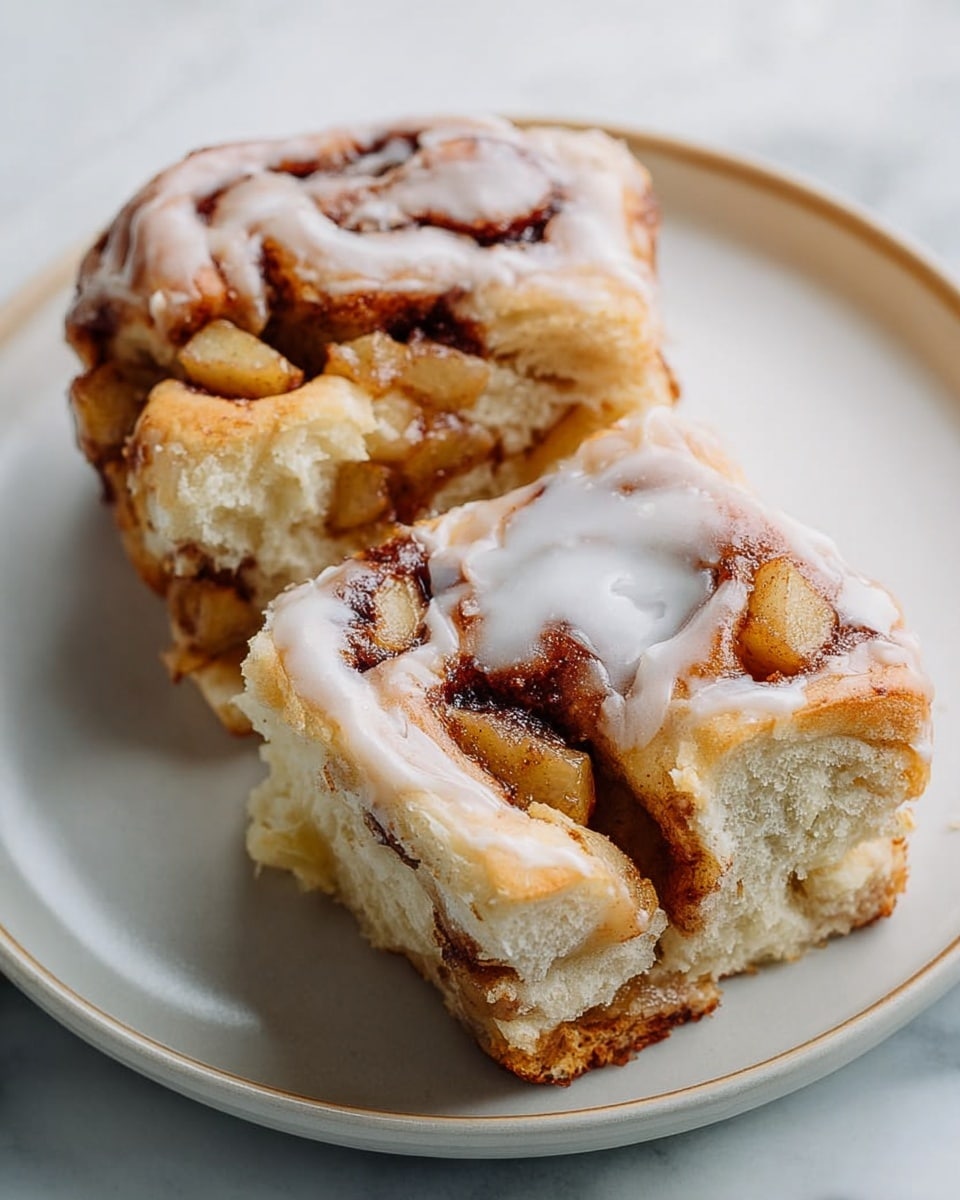 A close-up view of a baking tray filled with six soft, golden-brown cinnamon rolls, four of which are covered with smooth, white icing that looks creamy and slightly glossy, while two have visible cinnamon and small apple chunks swirled inside. The rolls have a light, fluffy texture with distinct spiral layers, and one has been taken out, showing its soft inside and some sticky caramel sauce on the parchment paper below. The tray sits on a white marbled surface. photo taken with an iphone --ar 4:5 --v 7