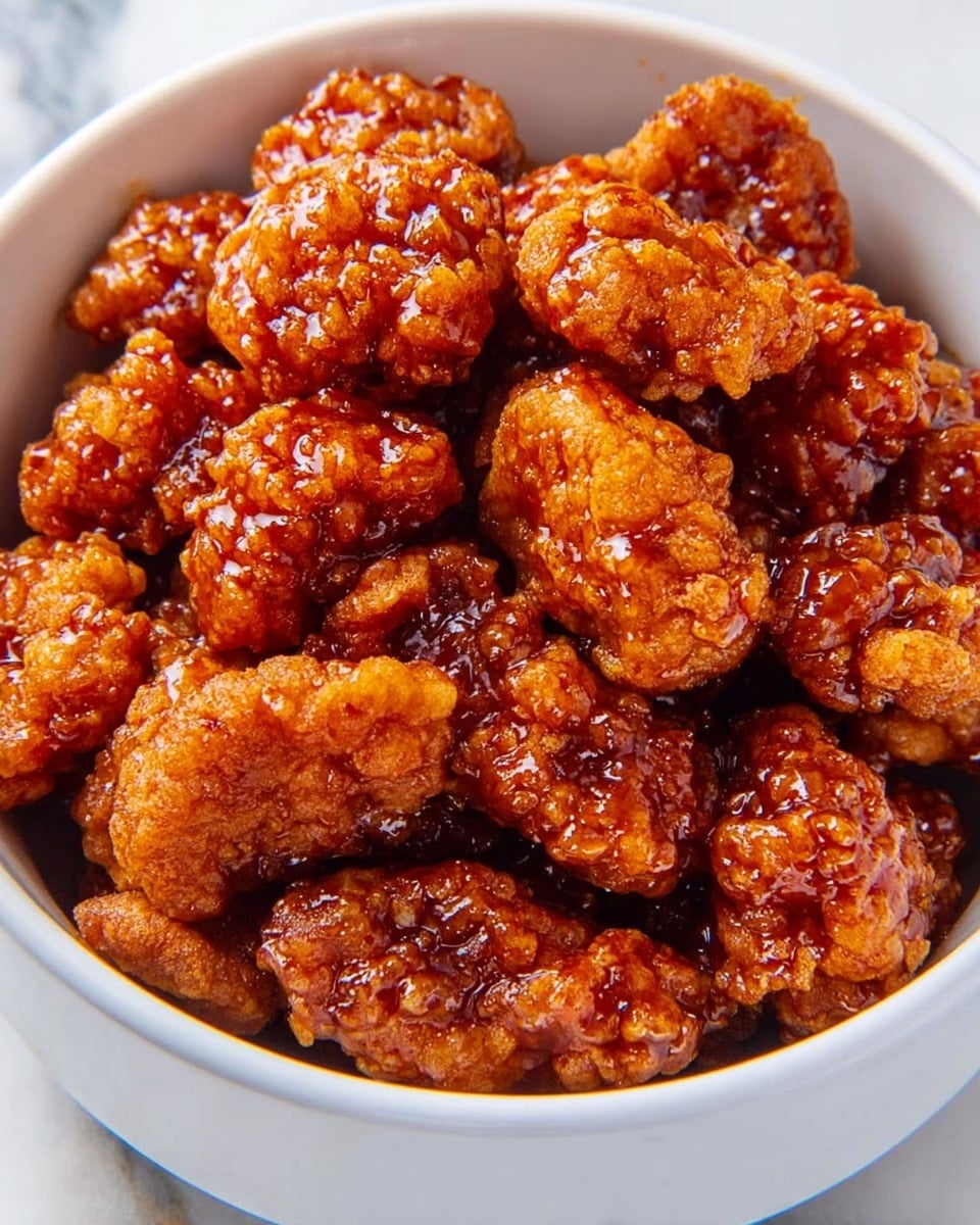 A white bowl filled halfway with plain white rice showing soft grain texture, topped closely with many pieces of crispy fried chicken coated in shiny, sticky reddish-brown sauce that glistens under light. The chicken pieces are golden and craggy on the outside with a glossy finish that highlights the sauce’s thickness as it clings to the crispy skin. The dish is placed on a surface with a white marbled texture. photo taken with an iphone --ar 4:5 --v 7