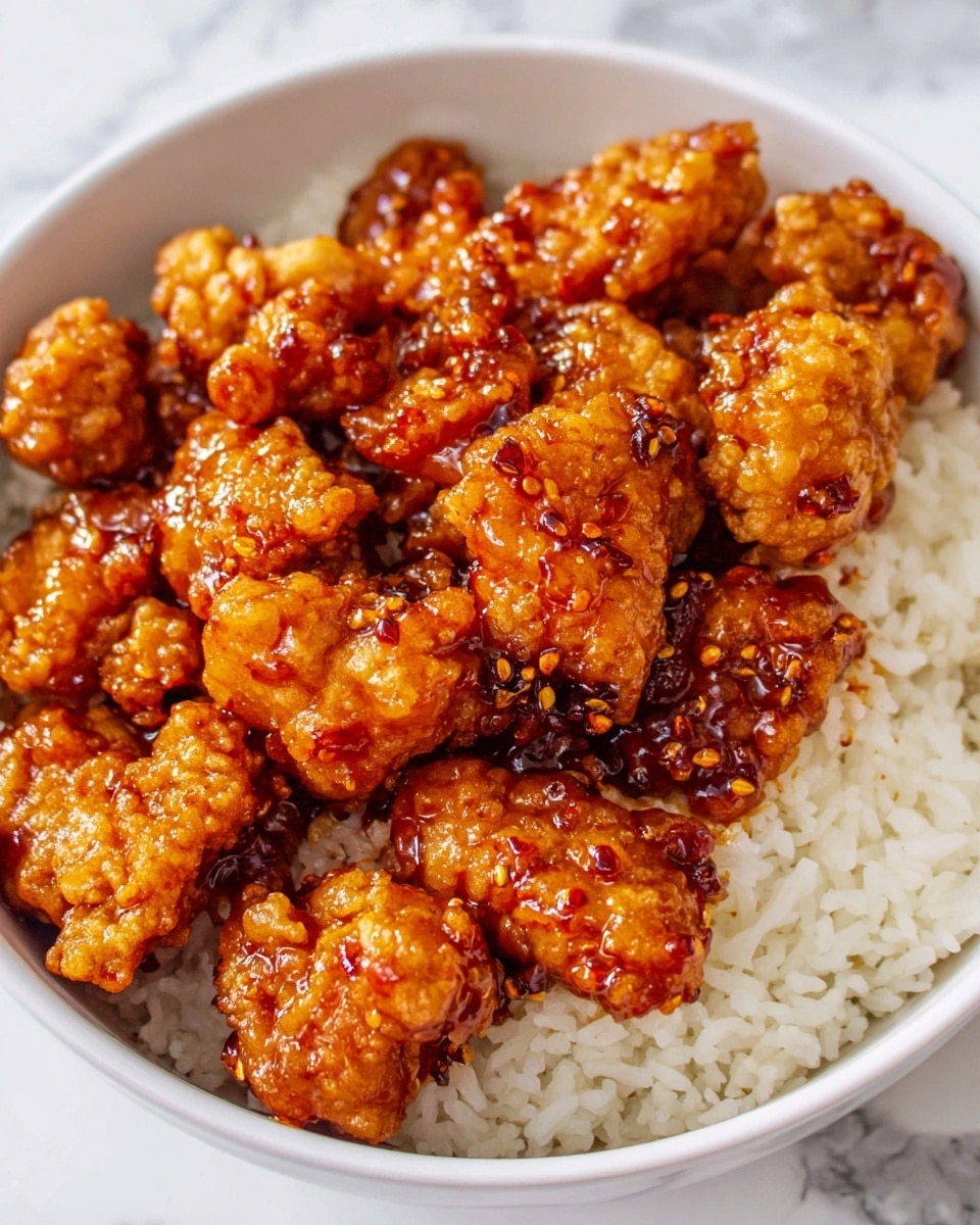 A white bowl filled with multiple pieces of crispy fried chicken coated in a shiny, sticky reddish-brown sauce, each piece showing a textured, crunchy coating with a glossy finish, the chicken pieces tightly packed and layered evenly inside the bowl, sitting on a white marbled surface. photo taken with an iphone --ar 4:5 --v 7