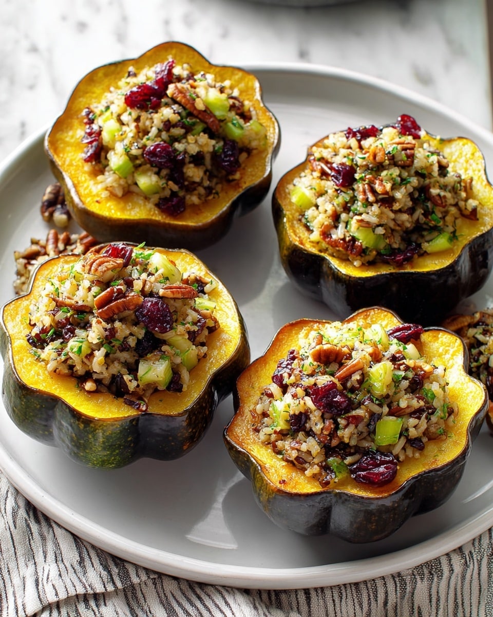 Five stuffed acorn squash halves are placed on a white round plate set on a white marbled surface with a striped cloth underneath. Each squash half has a dark greenish-brown outer skin with a scalloped edge, filled with a colorful mixture of wild rice, green celery pieces, reddish dried cranberries, chopped pecans, and finely chopped herbs. The filling has a textured, slightly moist look and sits piled just above the yellow-orange cooked squash flesh, which is smooth and soft. The plate’s glossy finish reflects soft light, highlighting the vibrant colors and textures of the dish. Photo taken with an iphone --ar 4:5 --v 7