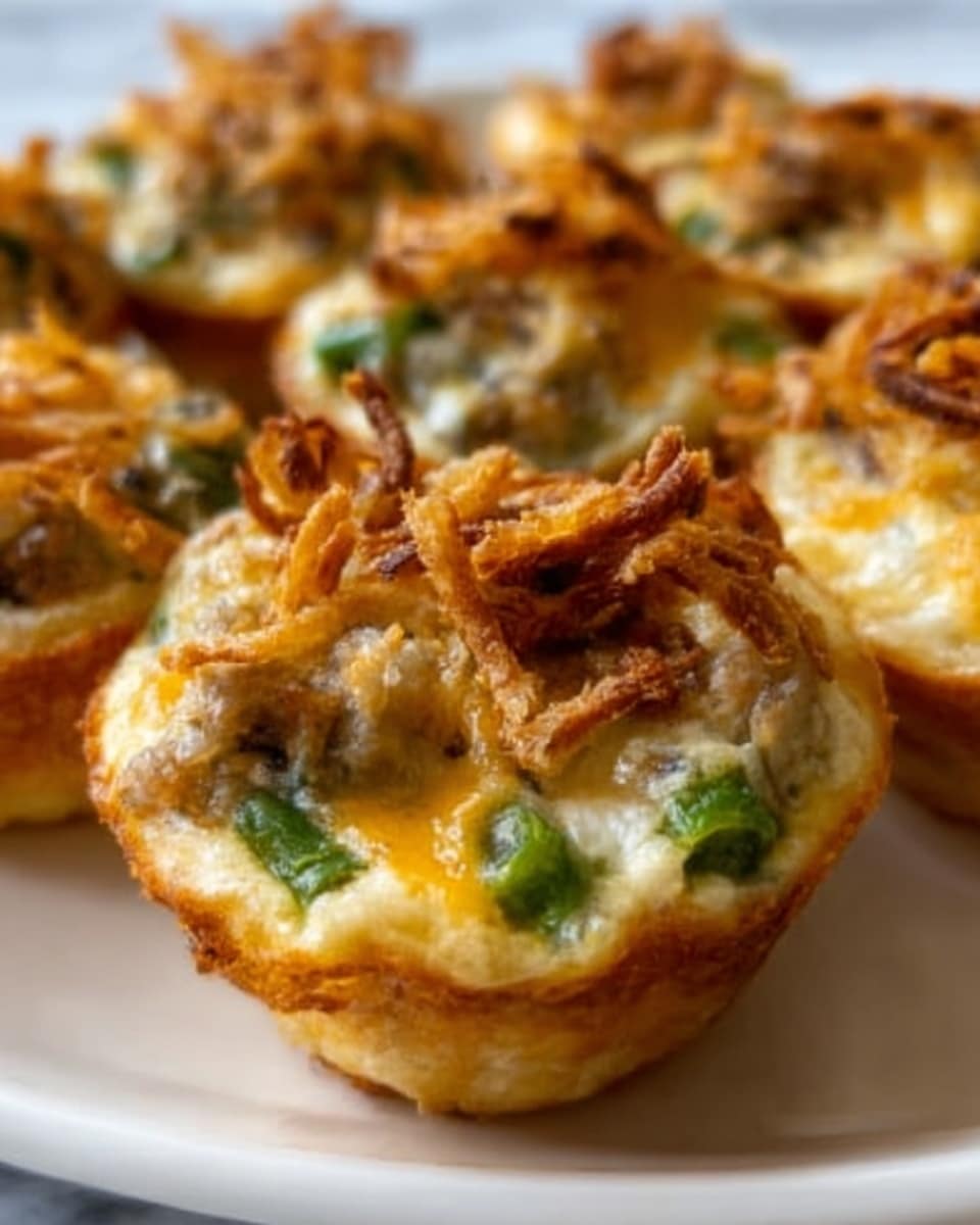 The image shows a group of eight mini egg muffins arranged closely on a white plate set on a white marbled surface. Each muffin has three visible layers: a golden-brown crust forming the base, a middle layer of creamy yellow and white melted cheese mixed with green vegetable pieces and small bits that might be mushrooms, and a top layer of crispy, brown shredded fried onions giving a crunchy texture. The muffins are slightly uneven on top with melted cheese flowing slightly over the edges with a warm and inviting look. photo taken with an iphone --ar 4:5 --v 7