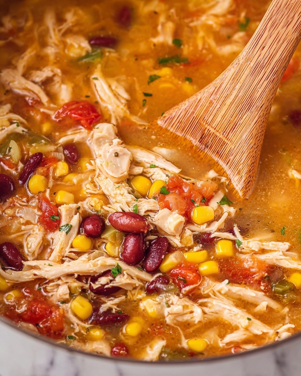 A white bowl filled with a colorful soup containing a mix of red kidney and pinto beans, bright yellow corn, chunks of red tomatoes, and shredded chicken in a light orange broth. The soup is topped with shredded orange cheddar cheese, small pieces of crushed light beige tortilla chips, fresh green avocado slices, and vibrant green cilantro leaves. Two thin slices of lime rest on the side of the bowl. The bowl is placed on a white marbled surface with lime slices and cilantro leaves nearby. photo taken with an iphone --ar 4:5 --v 7