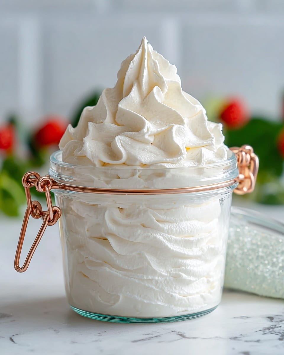 A clear glass jar with a copper latch is filled with thick, white whipped cream, layered in soft swirls that create a textured, fluffy look inside. The whipped cream reaches just above the rim and is topped with a tall, peaked swirl that looks light and airy. The jar sits on a white marbled surface, with a blurred background showing some green leaves and red fruit out of focus. Photo taken with an iphone --ar 4:5 --v 7