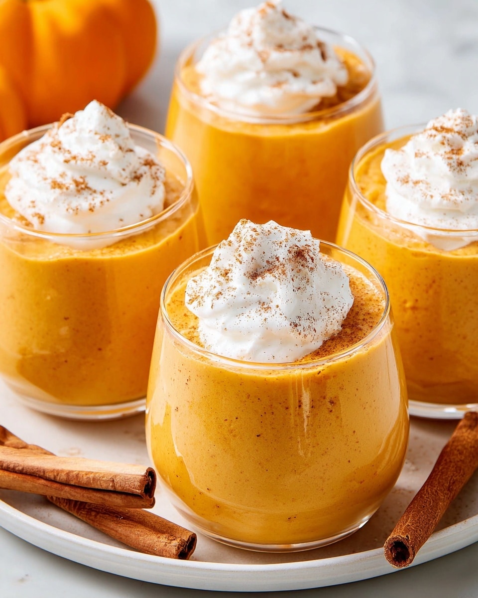 Four small clear glass cups are filled with a creamy, smooth, orange pumpkin mousse, with soft layers visible inside each cup. Each mousse is topped with a dollop of white whipped cream sprinkled lightly with cinnamon powder. The cups are arranged on a white round plate on a white marbled surface, and two cinnamon sticks lie on the plate. The background is a bright orange, adding a warm tone to the image. photo taken with an iphone --ar 4:5 --v 7