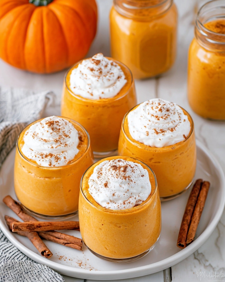 The image shows four small clear glass cups filled with a creamy orange pumpkin mousse, each topped with a dollop of white whipped cream sprinkled lightly with brown cinnamon powder. The mousse has a smooth texture and fills each glass nearly to the top. The glasses are arranged on a round white plate, with two brown cinnamon sticks placed on the plate beside the glasses. In the background, a small orange pumpkin and additional jars of the same mousse can be seen. The setting is on a white marbled surface, adding a clean, bright look to the warm autumn colors. Photo taken with an iphone --ar 4:5 --v 7