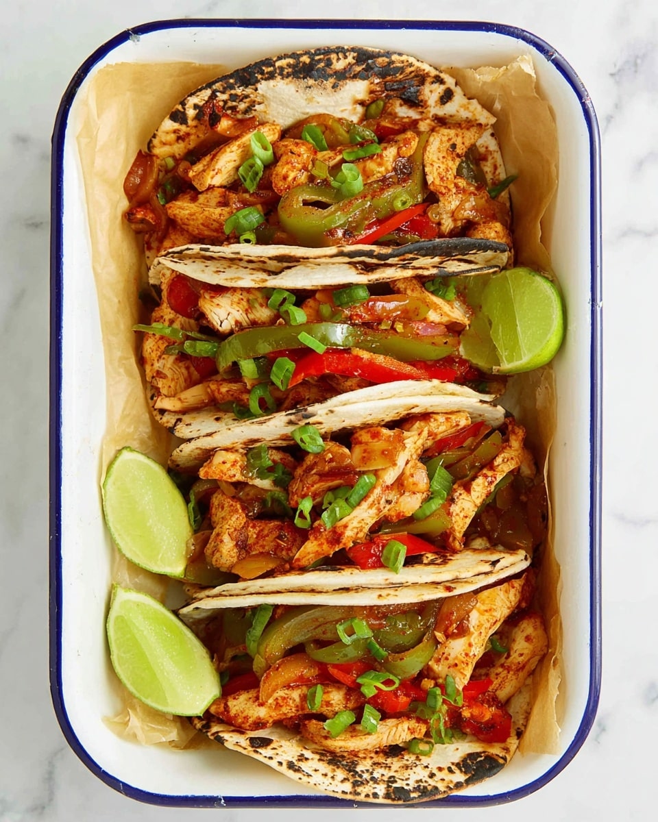 A white rectangular enamel dish with a blue rim holds four tacos lined up side by side on parchment paper. Each taco has a slightly charred and toasted soft flour tortilla, folded and filled with layers of cooked chicken pieces that are golden-brown with some red seasoning, sautéed peppers and onions in shades of red, yellow, and green, and chopped green onions sprinkled on top. In the bottom left corner inside the dish are two squeezed lime wedges with a bright green color. The dish rests on a white marbled surface. Photo taken with an iphone --ar 4:5 --v 7
