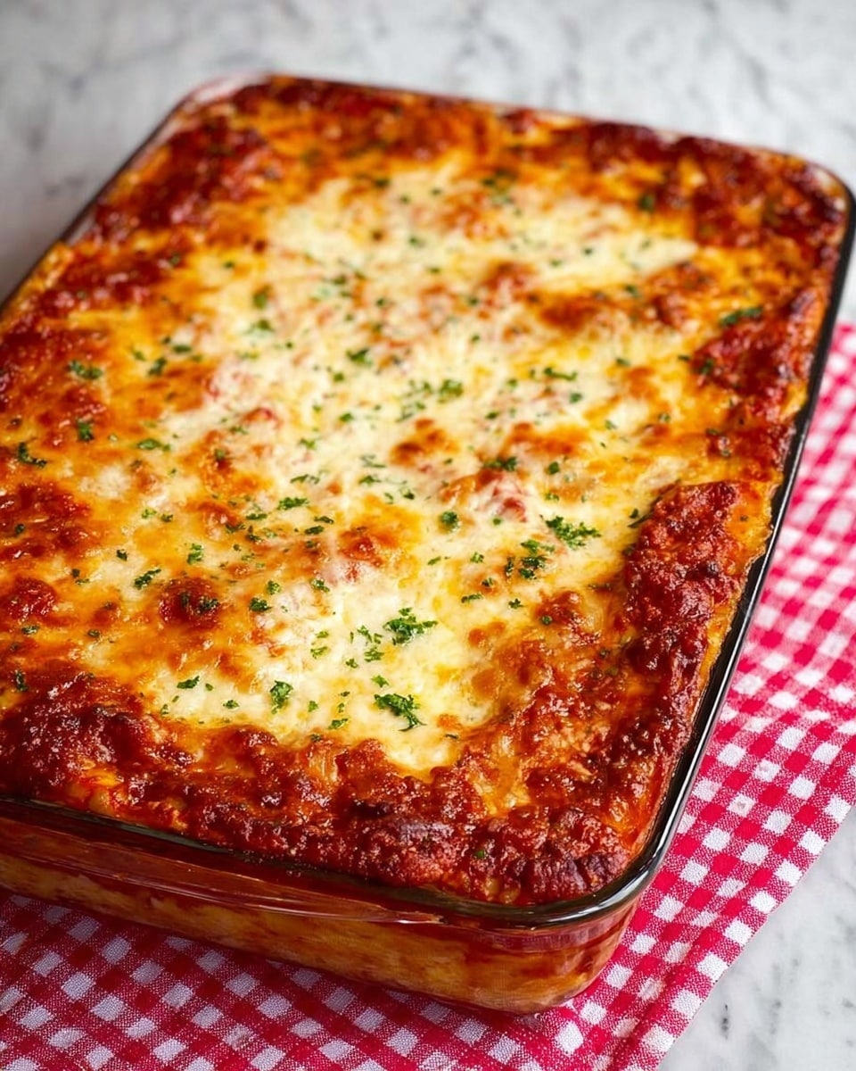 A glass baking dish filled with a three-layer baked lasagna sits on a white marbled surface with a red and white checkered cloth under it. The top layer is a thick, melted golden cheese with lightly browned spots and a sprinkle of green herbs scattered across. Below the cheese, there is a rich, deep red tomato sauce mixed with a bit of visible minced meat texture. The edges show some crispy cheese browned from baking. The dish looks fresh from the oven, with a slight bubble texture on the sauce near the edges. Photo taken with an iphone --ar 4:5 --v 7