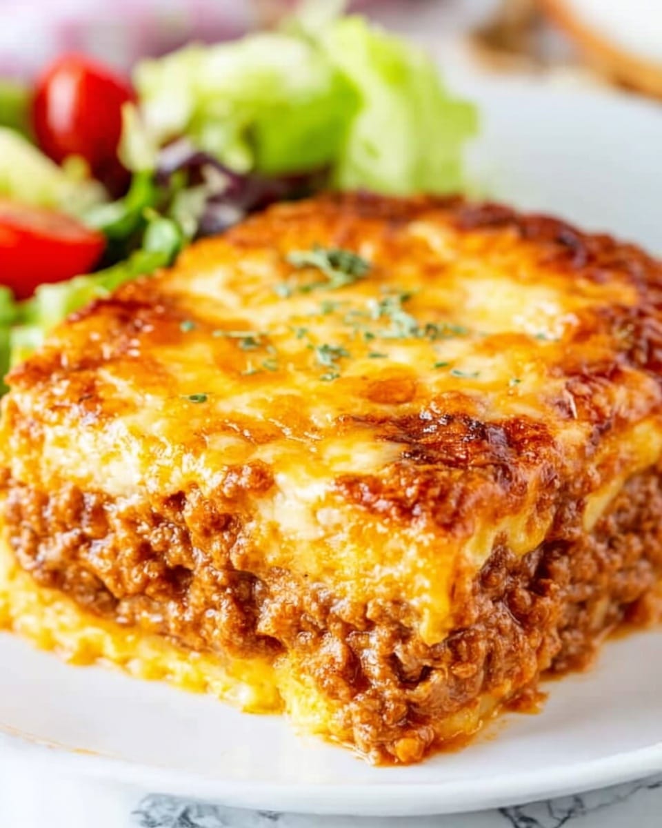 A square slice of layered casserole sits on a white plate with a white marbled surface underneath. The bottom layer is thick and yellow, looking soft and cheesy. Above that is a meaty layer, brown and chunky with visible pieces of cooked ground meat mixed with a red tomato sauce. The top layer is golden melted cheese with a slightly browned, bubbly texture. In the blurred background, there is a small portion of mixed salad with red and green parts and a bit of yellow, all out of focus. Photo taken with an iphone --ar 4:5 --v 7