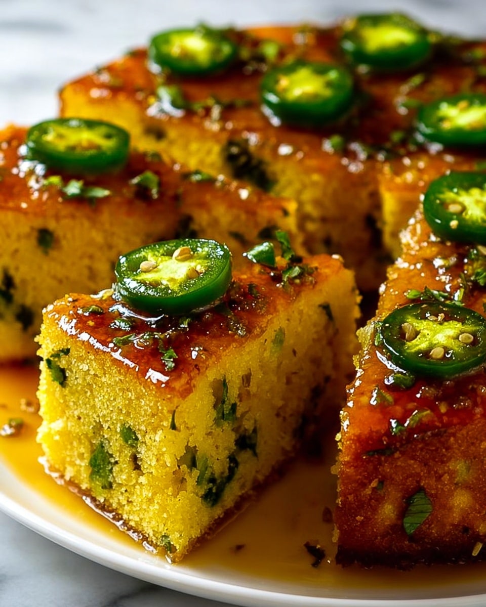 A close-up of a thick, round cornbread cut into wedge slices on a white plate, showing a soft, crumbly yellow texture with green specks inside. The top layer is golden brown, glistening with a shiny, sticky syrup, and each slice is topped with fresh green jalapeño rings and sprinkled with small bits of herbs. The cornbread looks moist and slightly dense, with the syrup pooling lightly around the base. The plate sits on a white marbled surface. Photo taken with an iphone --ar 4:5 --v 7