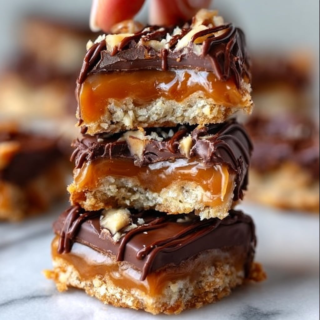 The image shows a stack of three layered dessert bars on a white marbled surface. The bottom layer is a light brown, crumbly cookie base. The middle layer is a thick, gooey caramel with a shiny, smooth texture. The top layer is a rich dark chocolate coating with drizzled lines of chocolate on top, adding a textured look. Pieces of chopped nuts are visible sticking to the sides of each bar, giving a crunchy detail. One bar is cut in half, showing the three distinct layers clearly, with a woman's hand gently touching the top piece. Photo taken with an iphone --ar 4:5 --v 7