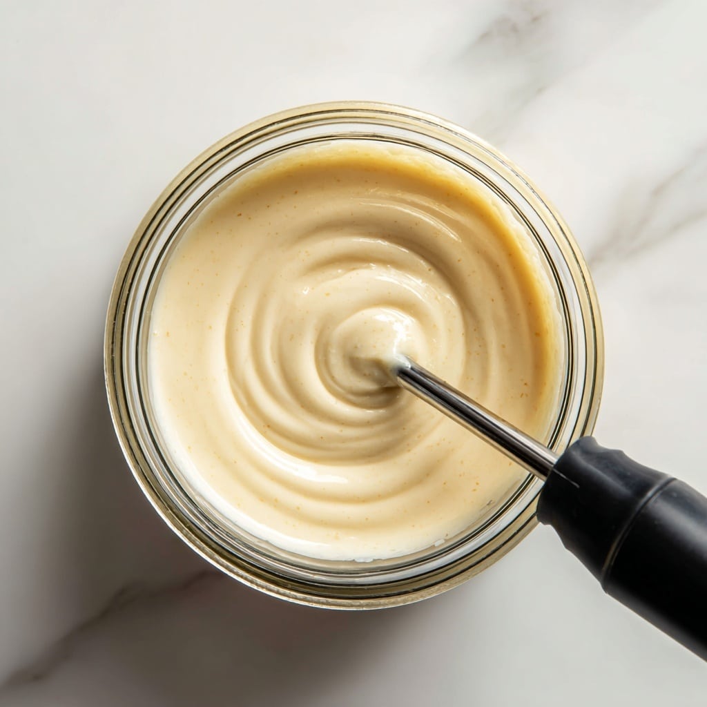A clear glass jar filled with a smooth, creamy pale yellow liquid in the process of being frothed by a black handheld milk frother. The frother's whisk creates a swirling, whirlpool-like motion at the center of the liquid. The jar sits on a white marbled surface, and the photo is taken from above, showing the top of the jar and the frother partly entering the frame from the right side. photo taken with an iphone --ar 4:5 --v 7