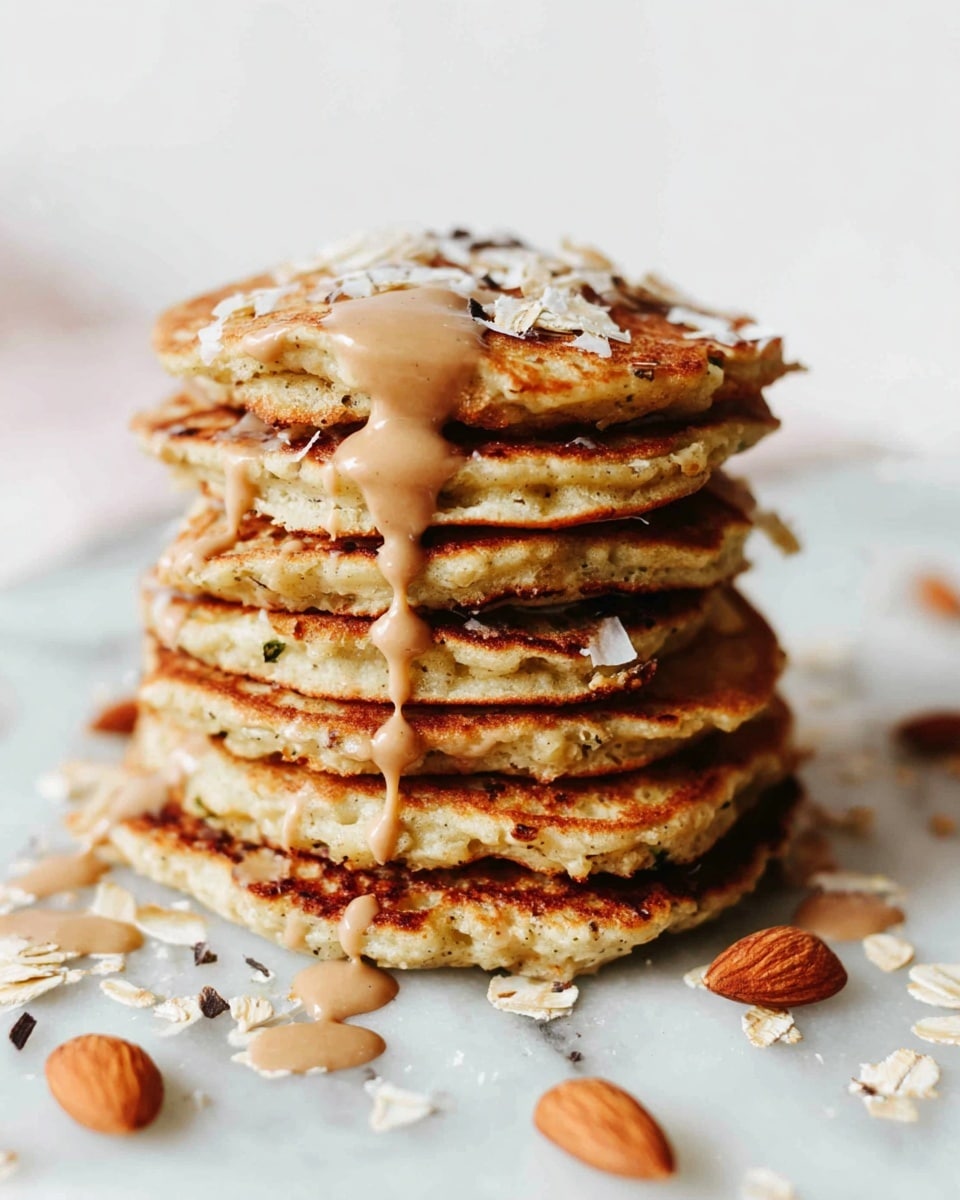 A tall stack of seven thick, golden-brown pancakes with visible flakes inside sits on a white marbled surface, each pancake slightly uneven in shape, showing a home-made texture. Creamy brown sauce is drizzled generously over the top and sides of the stack, dripping down in smooth streams. Around the base of the stack, there are scattered whole almonds, oats, and some small dark flakes. The background is plain white, which makes the pancakes and toppings stand out clearly. photo taken with an iphone --ar 4:5 --v 7