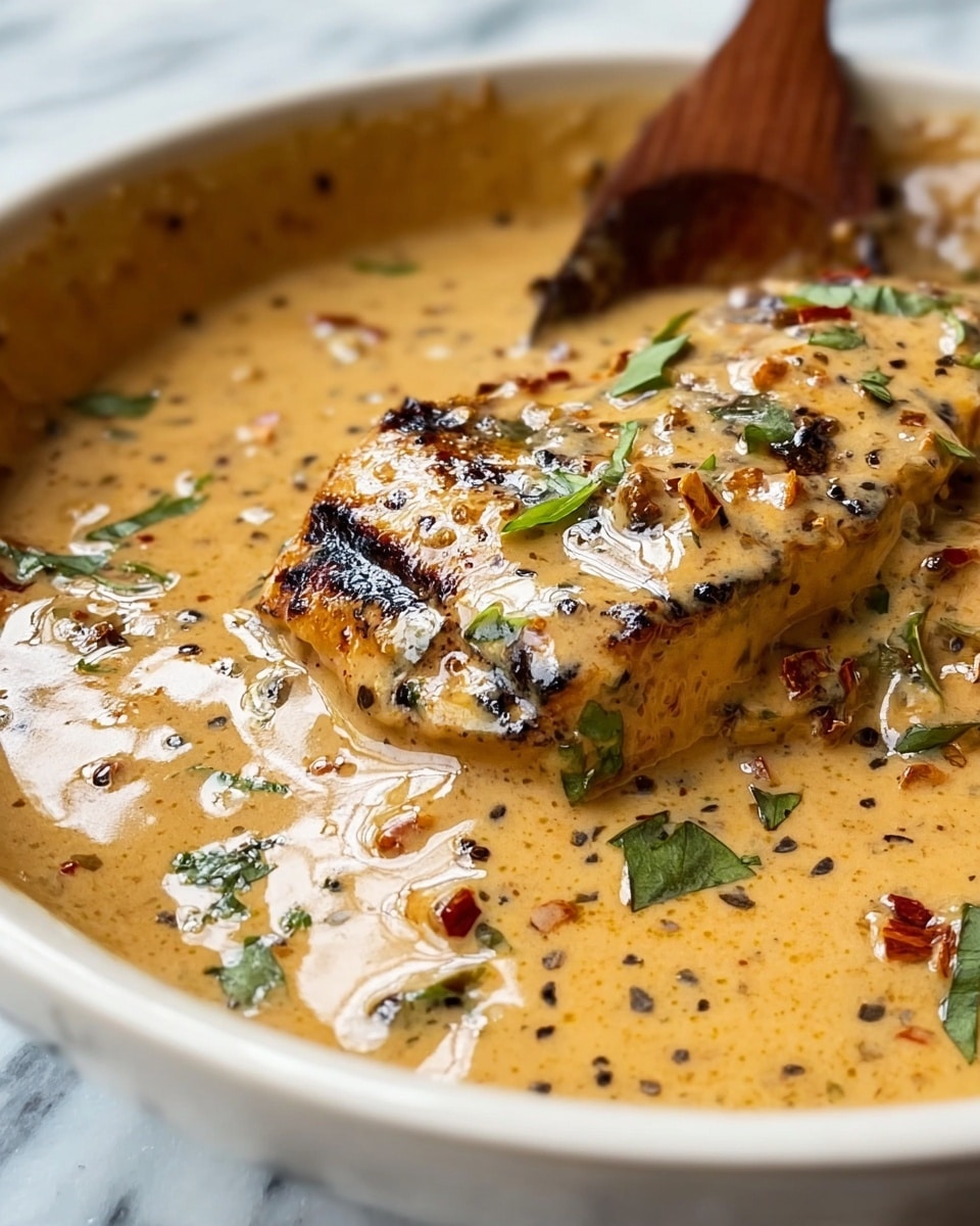 This close-up image shows shrimp covered in a creamy orange sauce with green herbs and tiny black seeds, likely mustard seeds, sprinkled throughout. The shrimp are positioned in a shallow white bowl with the rich sauce pooling around them, creating a smooth, glossy texture. The sauce has visible pieces of chopped green herbs and bits of red spices, adding color contrast. A spoon in the middle holds one shrimp, coated heavily with the sauce and sprinkled with the same herbs and seeds. The background is a white marbled texture, making the warm colors of the dish stand out clearly. photo taken with an iphone --ar 4:5 --v 7