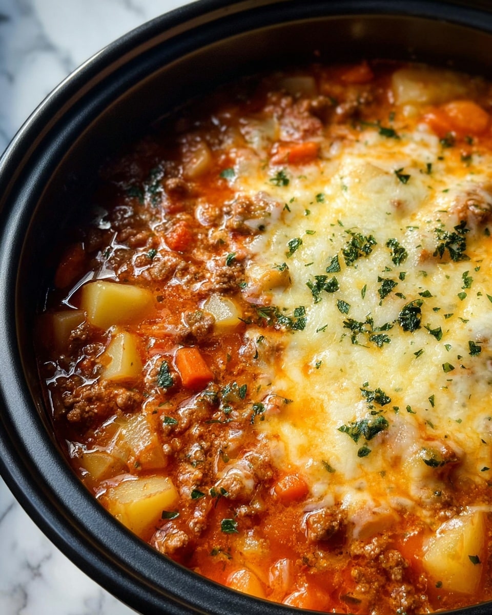 A close-up of a cooked lasagna soup in a black bowl, showing three main layers: the bottom and middle layers are filled with chunky tomato broth with bits of ground meat, diced carrots, and soft pasta pieces in orange and light yellow colors, while the top layer is melted white cheese sprinkled with green herbs, creating a creamy texture. The bowl sits on a white marbled surface, and the overall look is warm and hearty. photo taken with an iphone --ar 4:5 --v 7