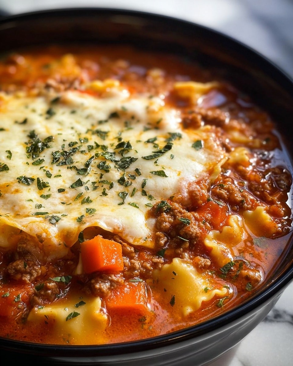 A close-up view of a thick, hearty soup in a black pot shows several layers and textures. The base layer is a rich orange-red tomato broth filled with small chunks of ground meat, carrots, and potatoes, giving a mix of soft and chunky textures. On top, there is a layer of melted cheese, creamy and pale yellow with some browned edges, sprinkled with finely chopped green herbs. The colors blend well, showing warmth and comfort in the dish. The pot sits on a white marbled surface. photo taken with an iphone --ar 4:5 --v 7