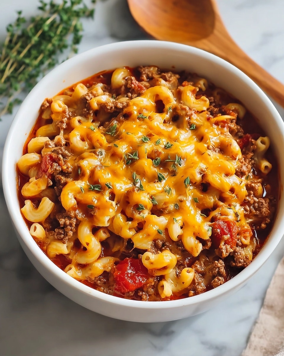 A white bowl filled with a layered dish starting with a base of thick, orange-red tomato sauce mixed with small pieces of browned ground beef and diced tomatoes. On top, there is a layer of curly elbow macaroni pasta coated in the sauce. The dish is finished with melted shredded cheddar cheese in the center, sprinkled with small green herb flakes. The bowl sits on a white marbled surface next to a wooden spoon and some green herbs scattered around. photo taken with an iphone --ar 4:5 --v 7