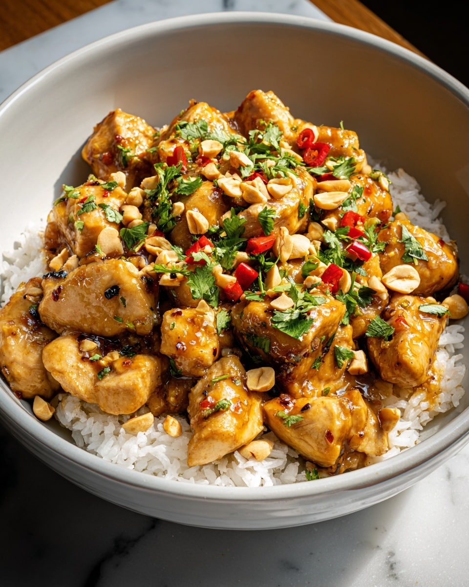 The image shows a single white bowl filled with two visible layers. The bottom layer is plain white rice with a soft texture, covering the base of the bowl. On top, there is a thick layer of golden-brown grilled chicken pieces coated in a shiny sauce. The chicken is garnished with chopped green herbs, bright red chili bits, and scattered whole peanuts for crunch. The bowl sits on a white marbled surface, and the photo has bright natural light highlighting the glossy sauce on the chicken. photo taken with an iphone --ar 4:5 --v 7
