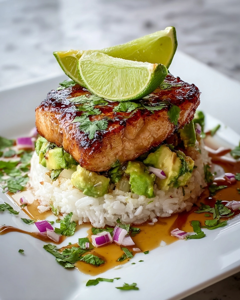 The dish is presented as a neatly stacked tower on a white plate placed on a white marbled surface, with three clear layers visible. The bottom layer is white rice mixed with small bits of seasoning, followed by a middle layer of green avocado chunks and pieces of purple onion. The top layer is a thick piece of grilled, caramelized fish with a golden-brown crust, sprinkled with fresh green herbs. Two thin lime wedges are placed on top of the fish at an angle. Around the base of the stack on the plate are small pieces of chopped purple onion and green herbs, along with a drizzle of a light brown sauce. Photo taken with an iphone --ar 4:5 --v 7