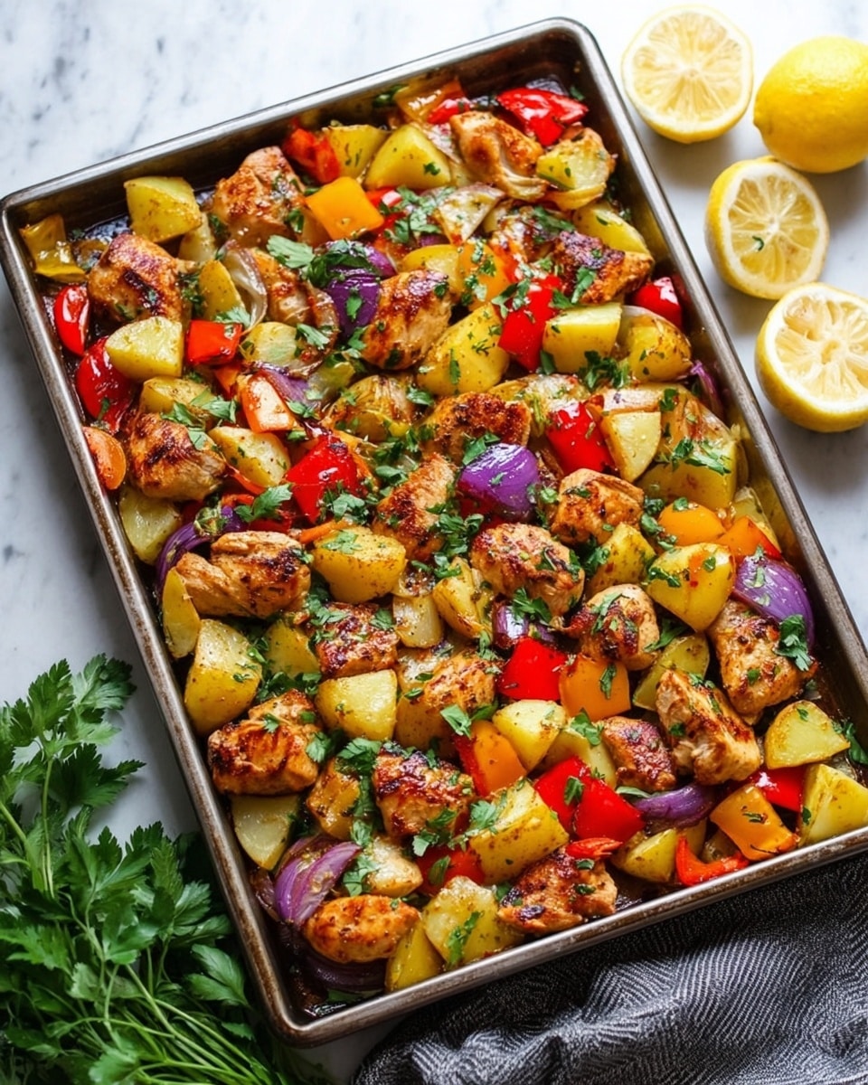 A white baking pan filled with glossy, cooked chicken pieces that are golden brown, mixed with bright yellow and red bell pepper chunks, and purple onion pieces. The chicken and vegetables are coated in a shiny sauce and sprinkled with small green cilantro leaves and white sesame seeds. The pan sits on a white marbled surface, with a few sprigs of fresh cilantro visible around the bottom edge. In the top left corner, there are whole red, orange, and yellow bell peppers slightly out of focus. Photo taken with an iphone --ar 4:5 --v 7