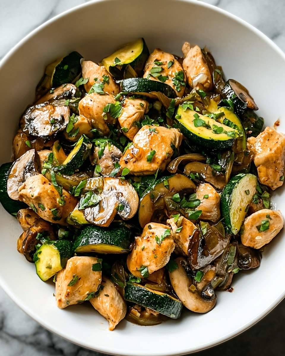 A close-up of a white bowl filled with a cooked dish showing three main layers: the first layer consists of light brown, tender chicken pieces glazed with a shiny sauce; the second layer includes dark brown sliced mushrooms with a glossy, slightly wet texture mixed evenly; the third layer has dark green zucchini pieces with bright yellow inner edges, cut into thick sticks distributed throughout the dish; the ingredients are well mixed, giving a juicy and flavorful look. The bowl is placed on a white marbled textured surface. photo taken with an iphone --ar 4:5 --v 7