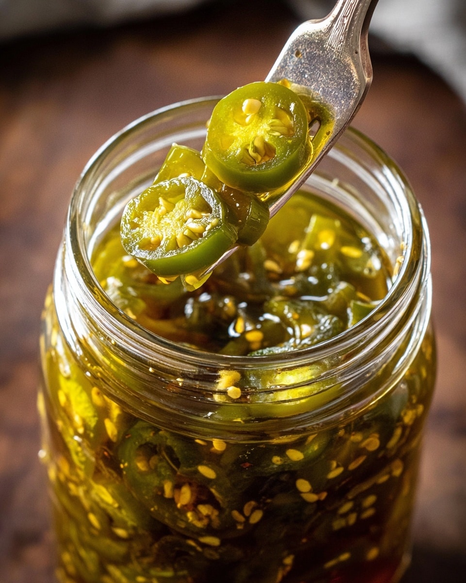 A close-up view of a glass jar filled with sliced green jalapeños submerged in a golden-yellow, oily liquid with visible yellow seeds scattered throughout. The jar's top edge is clear, and a silver fork is lifting several shiny, translucent, slightly curved jalapeño slices from the jar. The background has a soft focus with brown tones, while the jar and jalapeños catch the light, emphasizing their glossy texture. photo taken with an iphone --ar 4:5 --v 7