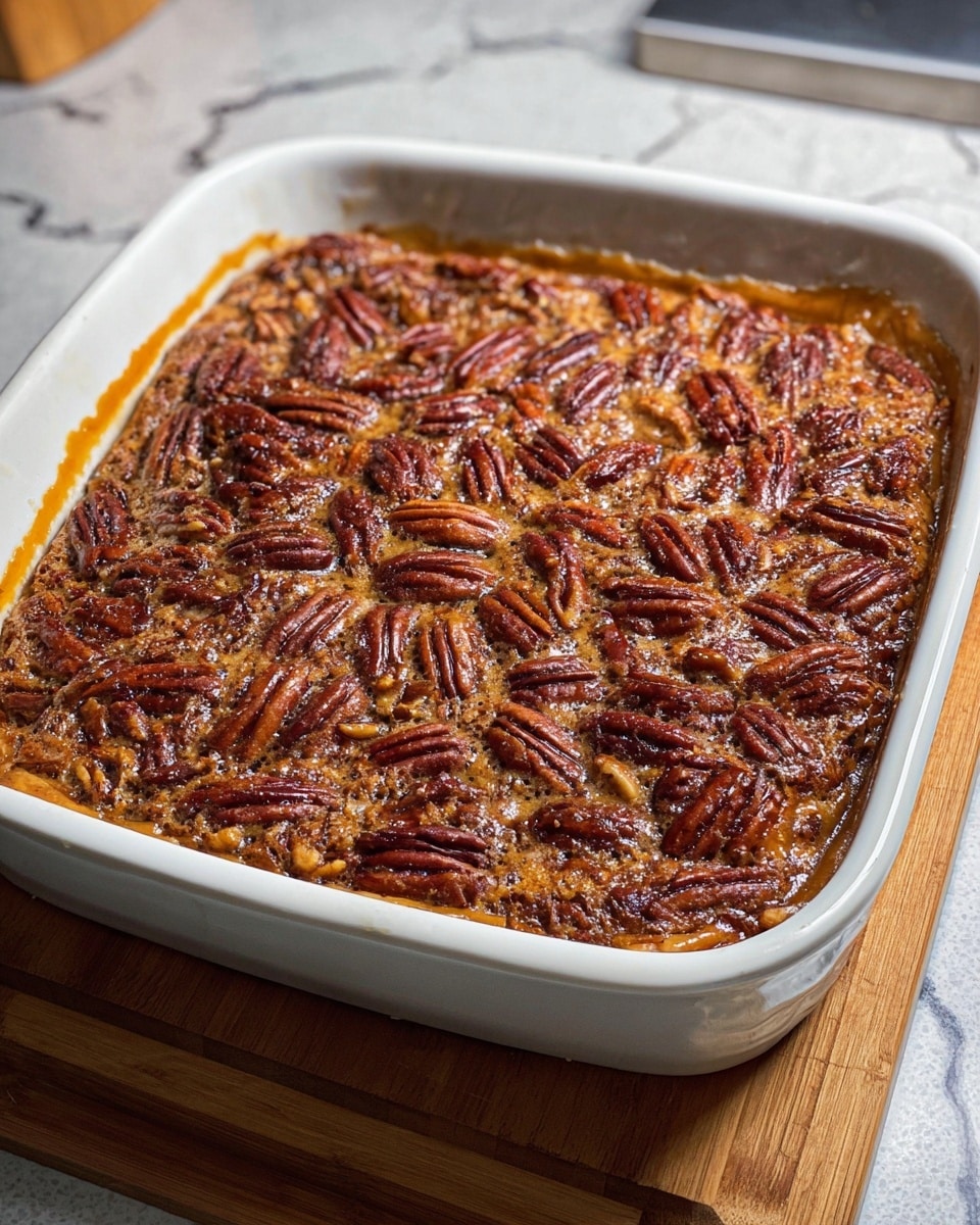 A baked pecan dessert in a white rectangular dish with two handles, showing a top layer fully covered with whole and chopped pecans that are glossy and dark brown. Beneath the pecans, the filling is golden brown, slightly bubbly, and has a textured, gooey look. The crust edges are light golden and slightly puffy, visible on the sides just under the filling. The dish is set on a light wooden board, on a stove with a white marbled background. photo taken with an iphone --ar 4:5 --v 7