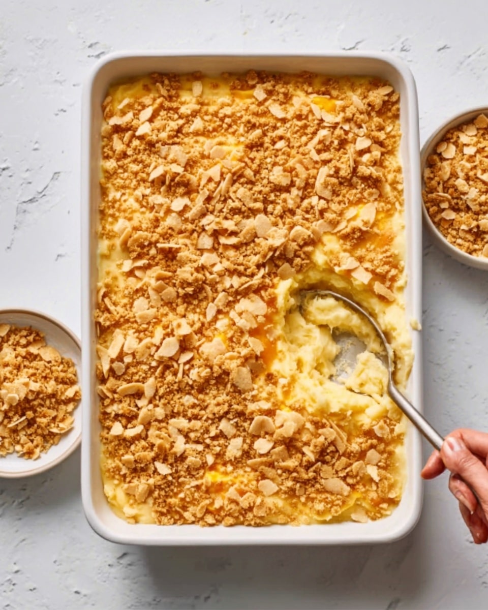 The dish is a casserole with two visible layers inside a white rectangular baking dish. The bottom layer is smooth and creamy with a pale yellow color, likely mashed potatoes or similar. The top layer is a crumbly golden-brown topping made from crushed crackers or breadcrumbs, adding a crunchy texture. A woman's hand is holding a serving spoon scooping some of the dish from the corner. There is also a small bowl with extra crumb topping to the side. The scene is set on a white marbled surface. Photo taken with an iphone --ar 4:5 --v 7