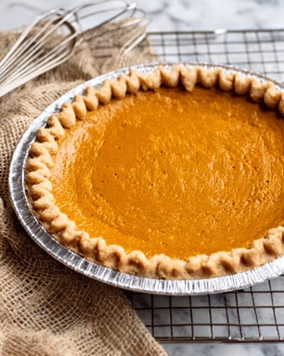 A smooth pumpkin pie sits in a shiny silver foil pie dish on a white marbled surface. The pie has a light brown crust with a crimped edge that goes all around. The orange pumpkin filling looks creamy and even, filling the pie dish completely, and the crust is slightly raised above the filling. The background shows part of a woven beige cloth and a silver wire whisk. Photo taken with an iphone --ar 4:5 --v 7
