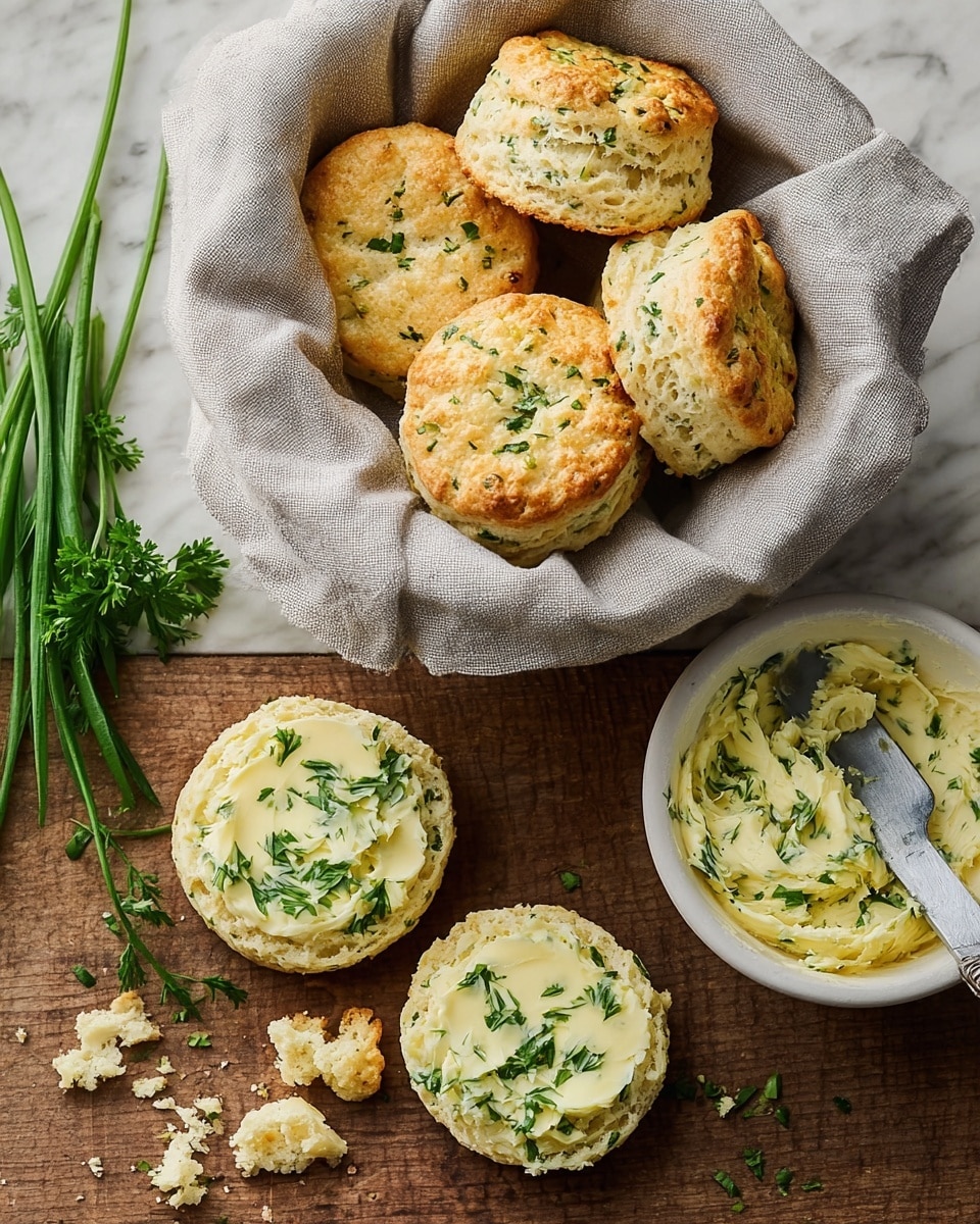 The image shows a basket lined with a light gray cloth holding several round, golden-brown biscuits with green herbs sprinkled inside and on top, revealing textured layers. Below the basket are two biscuit halves, each spread with a thick layer of pale yellow herb butter topped with chopped green parsley. Crumbs of biscuit are scattered around on a wooden surface. To the right is a white bowl filled with more herb butter, with a knife resting on it. Fresh green parsley stalks lie on the left side. The background is a white marbled texture. photo taken with an iphone --ar 4:5 --v 7