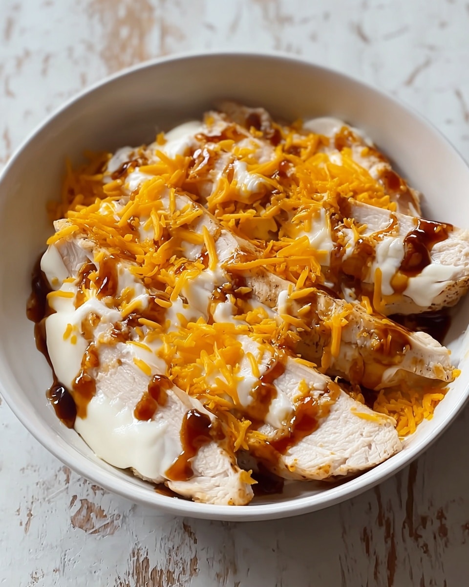 The dish shows several thick slices of cooked chicken breast at the bottom, pale with visible juicy texture. On top of the chicken, there is a layer of white melted cheese that flows smoothly across it, followed by a drizzle of dark brown sauce spreading unevenly across the cheese. The top layer has shredded orange cheddar cheese scattered in a random pattern. All of this is served in a white bowl set against a white marbled texture. photo taken with an iphone --ar 4:5 --v 7