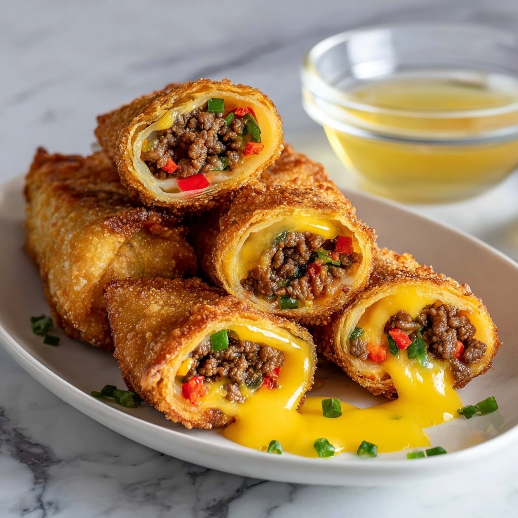 A close-up of five pieces of fried egg rolls cut in half and standing on a white plate, each showing three layers: the outside is a crispy golden-brown shell, inside is a layer of cooked ground beef mixed with small bits of red and green bell peppers, and a generous layer of melted yellow cheese flowing slightly out from the center. The plate rests on a white marbled surface with a clear glass bowl with a faint yellow sauce behind on the right side. The photo taken with an iphone --ar 4:5 --v 7