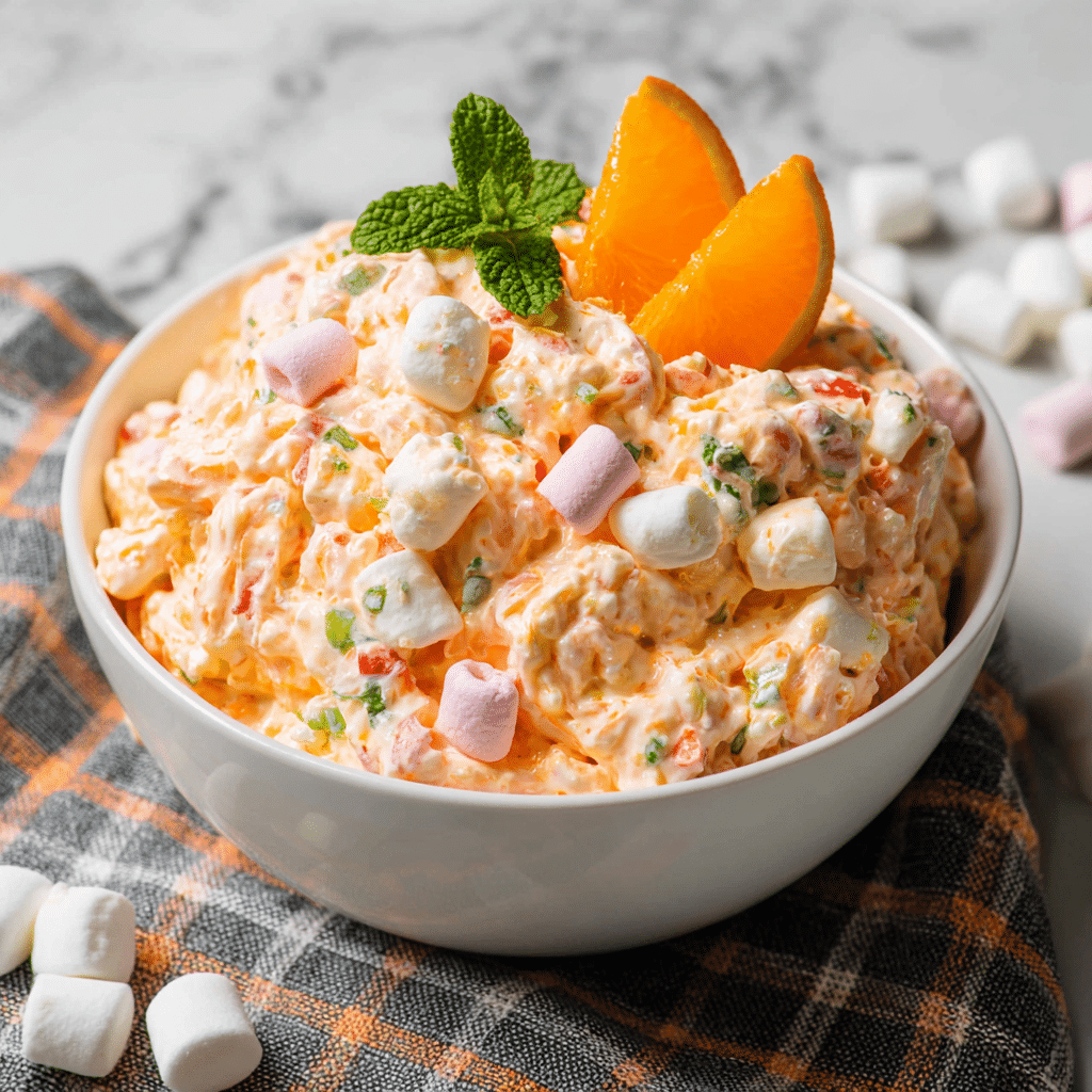 A white bowl filled with a large scoop of thick, creamy orange salad mixed with small chunks of green and red fruits or vegetables, and scattered light pink mini marshmallows throughout. The surface of the salad shows a rough, fluffy texture with visible pieces creating an uneven, chunky look. In the center, a small garnish of fresh green mint leaves and two translucent orange fruit slices adds a pop of color. The bowl sits on a gray and orange checked cloth over a white marbled surface. A few mini marshmallows lie casually around the bowl. photo taken with an iphone --ar 4:5 --v 7