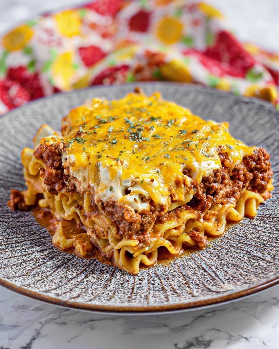 A square slice of lasagna sits on a white plate with a textured, dark gray design. The lasagna has three main layers: the bottom layer is made of pale yellow pasta noodles twisted and slightly curled; the middle layer consists of a thick, rich, dark brown meat sauce mixed with creamy white ricotta cheese; the top layer is covered with bright yellow melted cheddar cheese sprinkled with dried green herbs. The edges show a blend of the pasta and sauce, with some cheese melted over the sides. The plate is set on a white marbled textured surface with a colorful cloth featuring red, yellow, and green floral designs in the background. photo taken with an iphone --ar 4:5 --v 7