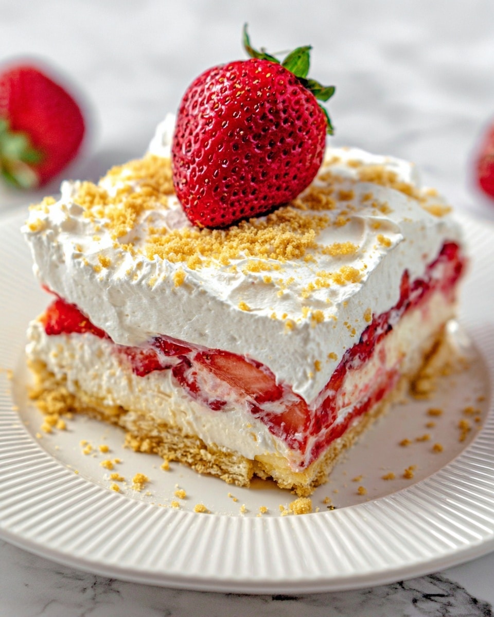 A clear glass round dish filled with a smooth, thick white layer of whipped cream spread evenly across the top, showing soft swirls and peaks. Two fresh, bright red strawberries with green leaves rest near the center on the whipped cream. The dish sits on a white marbled surface with a glimpse of a red and white checkered cloth in the background. photo taken with an iphone --ar 4:5 --v 7