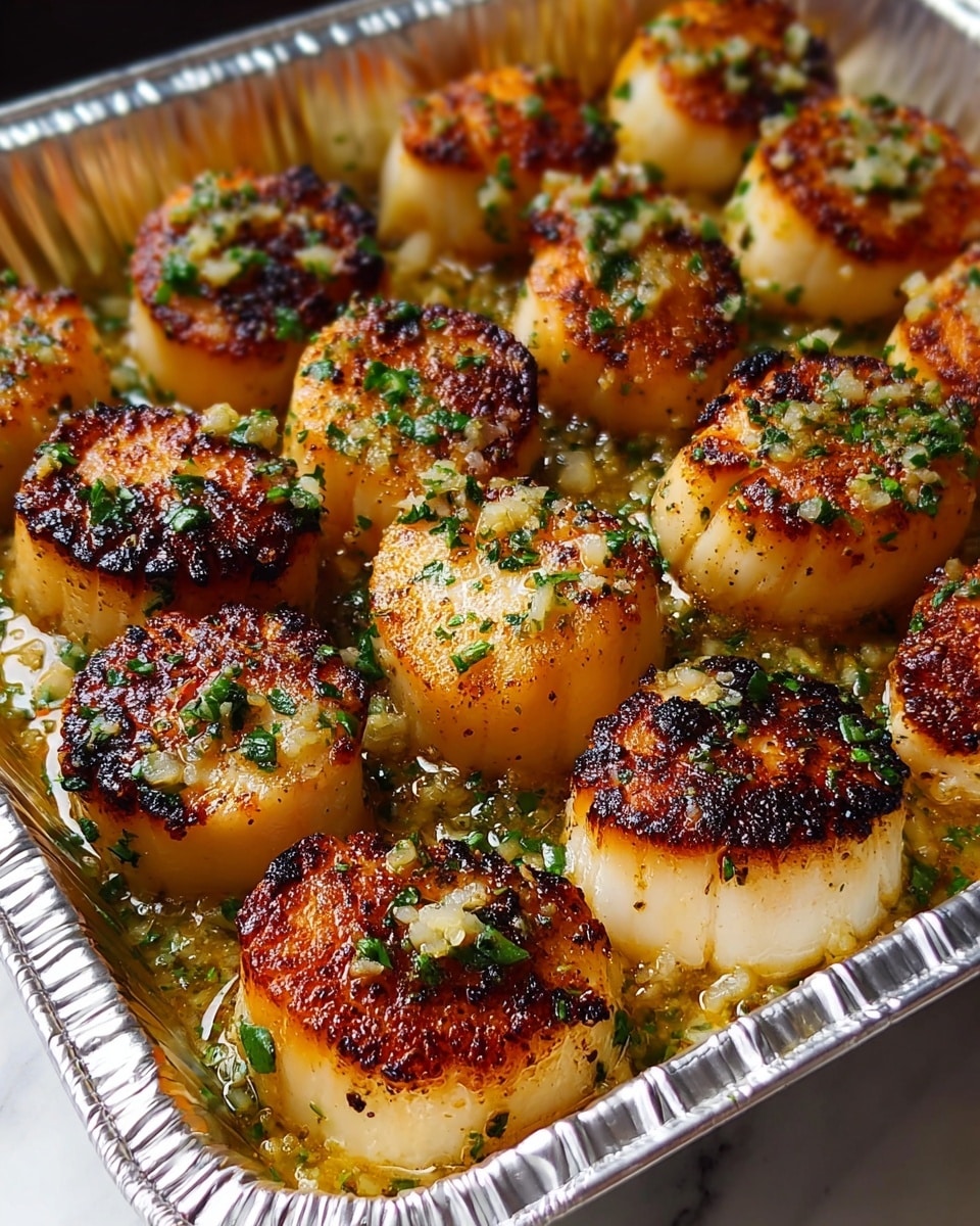 The image shows a foil container filled with a dozen seared scallops, each one golden brown on top with a slightly crispy texture and grill marks. The scallops sit in a pool of garlic butter sauce with green herbs sprinkled all over, adding a fresh contrast to the rich, shiny surface of the scallops. The sauce is chunky with pieces of minced garlic and parsley, creating a mix of textures at the bottom. The scallops are evenly spaced and arranged closely together in the container, highlighting their plump, round shape against the metallic silver of the foil. photo taken with an iphone --ar 4:5 --v 7